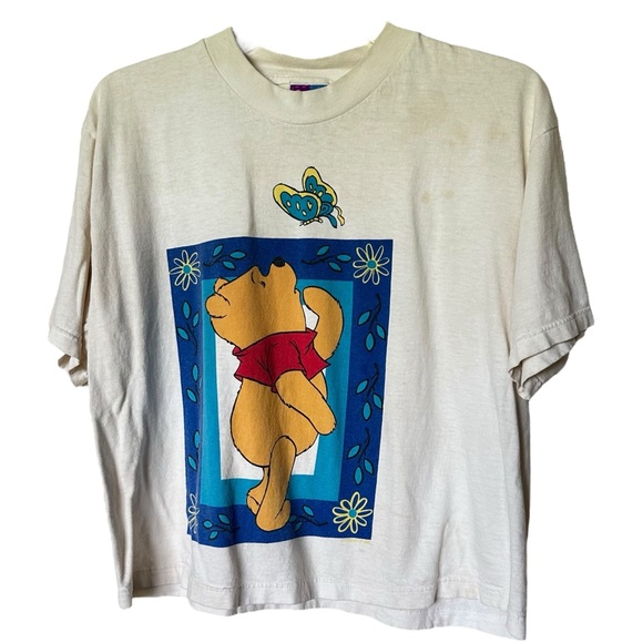 Vintage Tops - Vintage 90S White Short Sleeve Cropped Disney Winnie The Pooh Top Medium